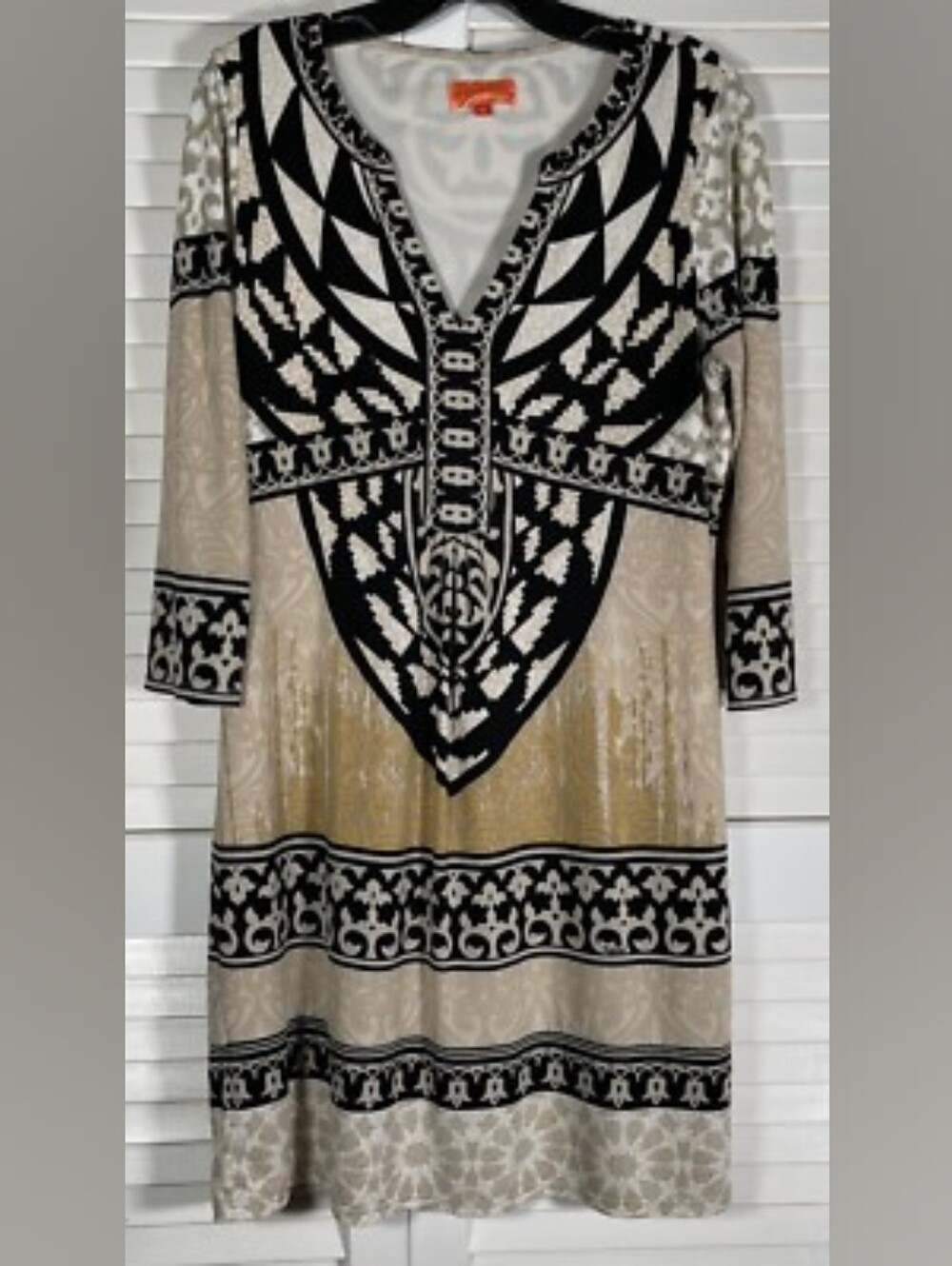 Hale Bob Beige and Black Geometric V-Neck Long Sleeve Dress